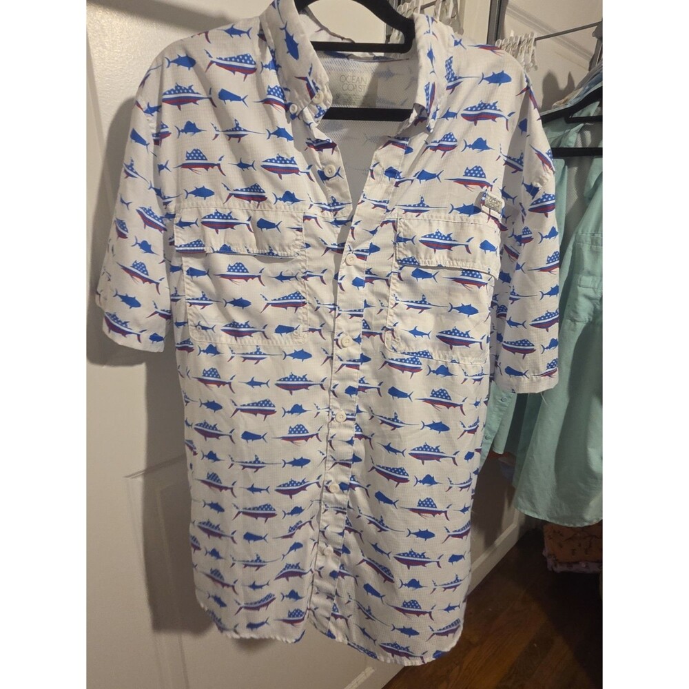 Ocean & Coast Mens S Fishing Shirt Patriotic American Flag Fish Marlin Vented